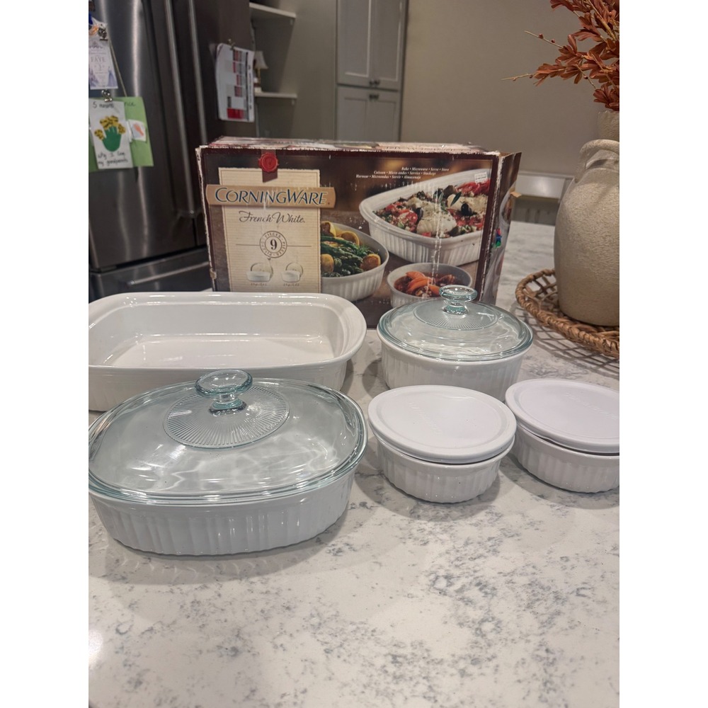 CorningWare French White 9 Piece Bakeware SetStoneware Casserole Dishes WhiteNIB